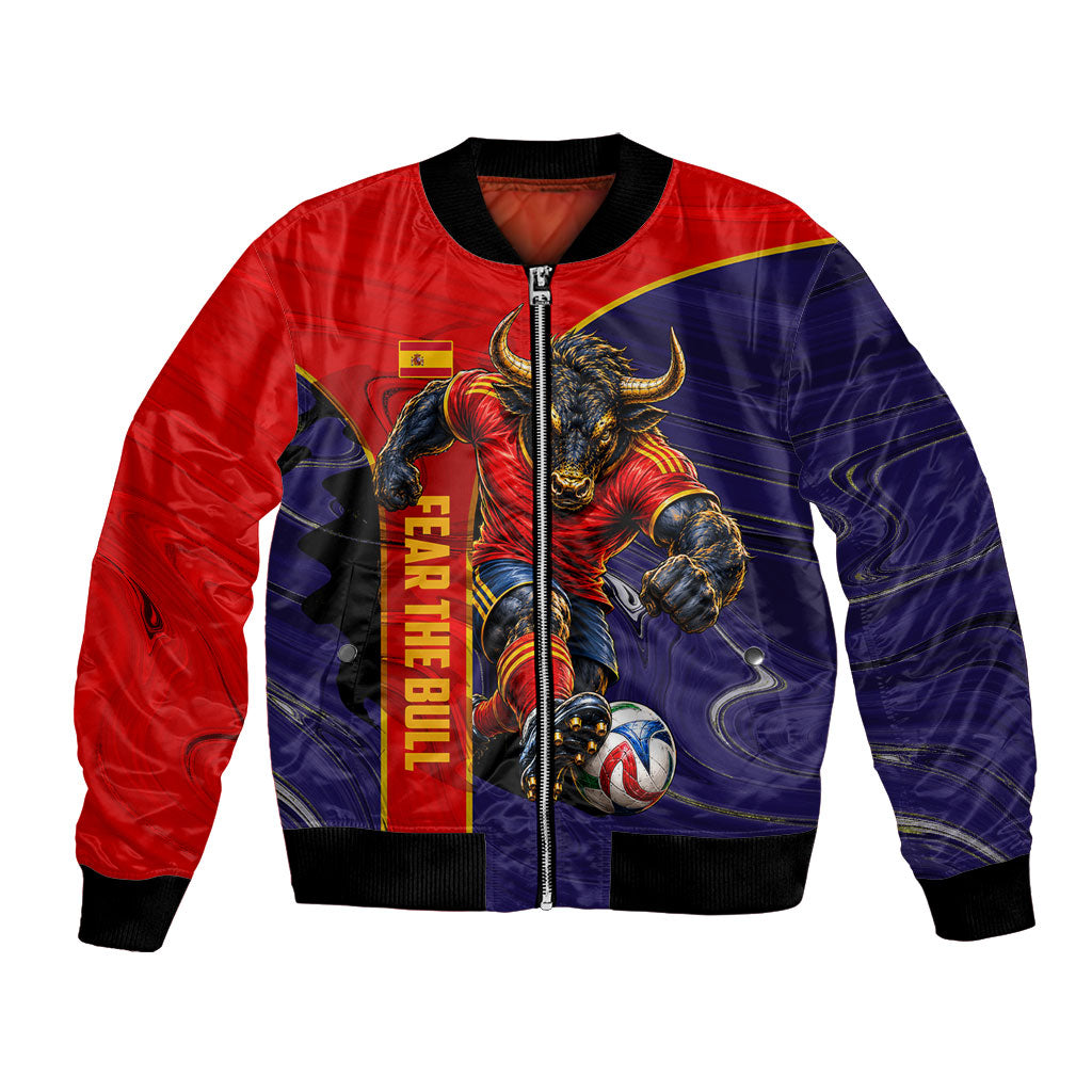 Personalized Spain Football Bomber Jacket Fear the Bull Soccer Mascot Marble Art