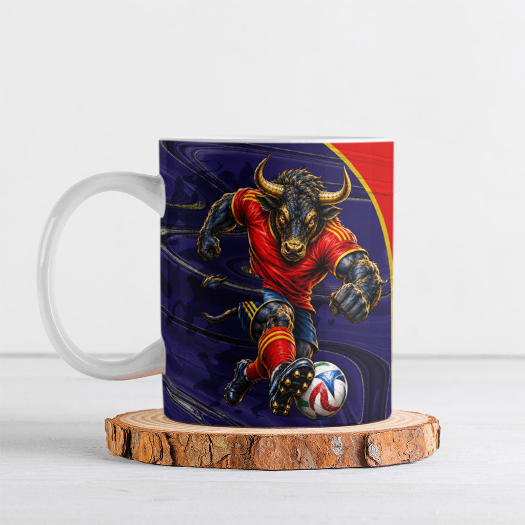Personalized Spain Football Ceramic Mug Fear the Bull Soccer Mascot Marble Art