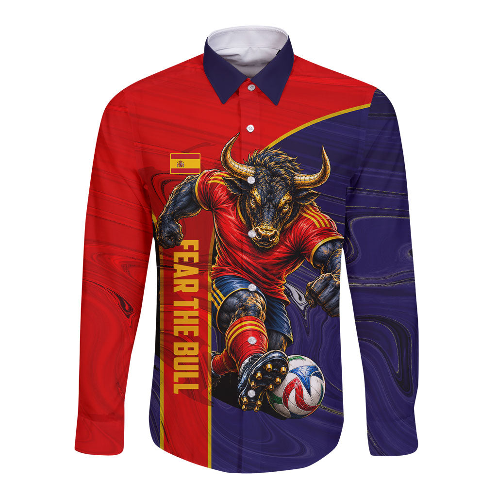 Personalized Spain Football Long Sleeve Button Shirt Fear the Bull Soccer Mascot Marble Art