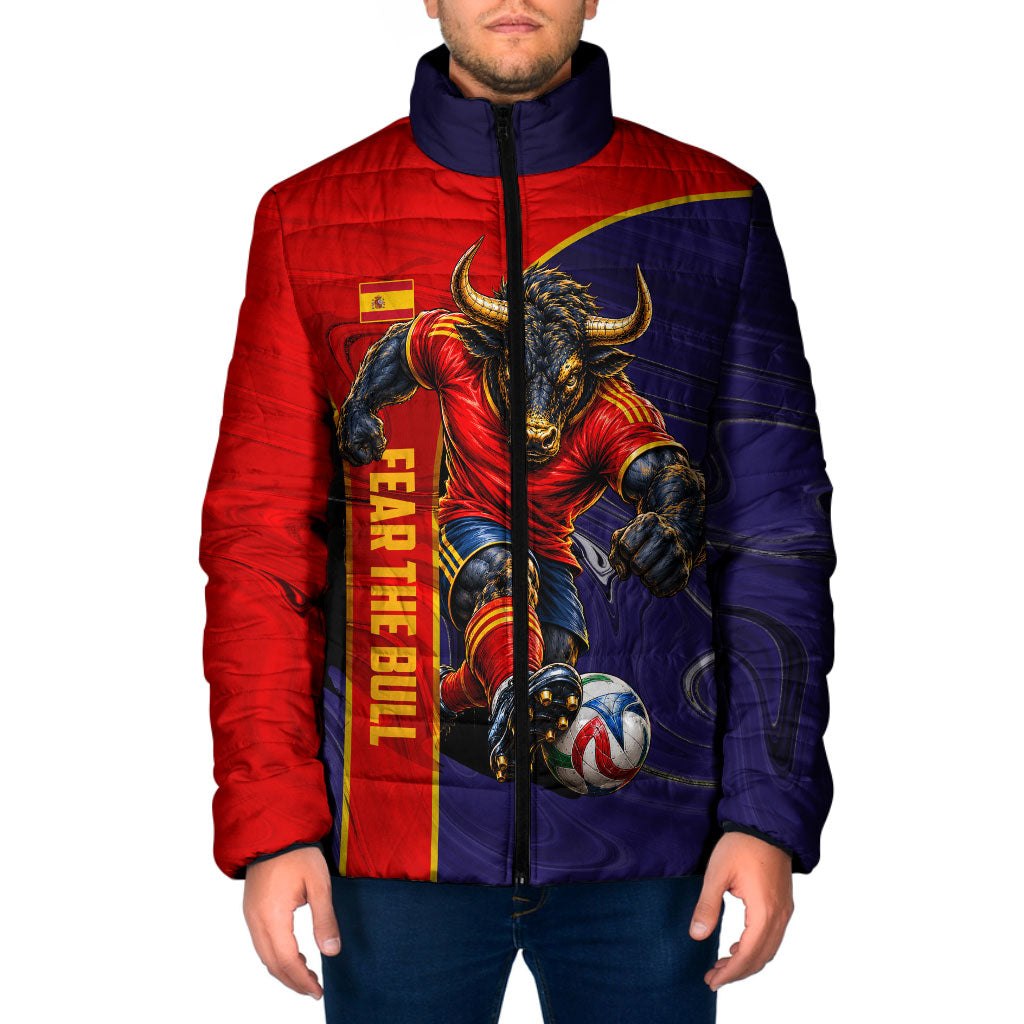 Personalized Spain Football Padded Jacket Fear the Bull Soccer Mascot Marble Art