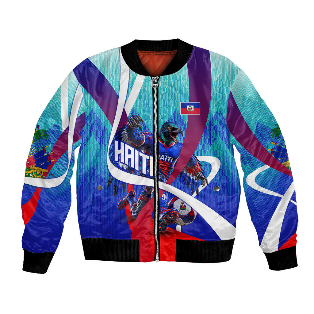 Personalized Haiti Football Bomber Jacket Haitian Flag Trogon Bird Mascot