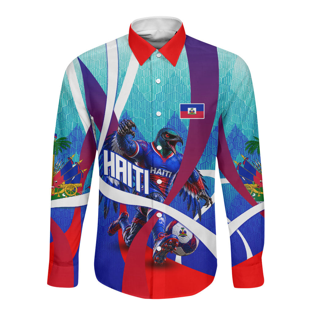 Personalized Haiti Football Long Sleeve Button Shirt Haitian Flag Trogon Bird Mascot