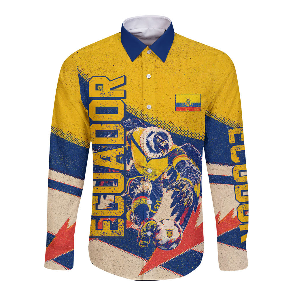 Personalized Ecuador Football Long Sleeve Button Shirt Condor Vintage Grunge National Pride Soccer Mascot