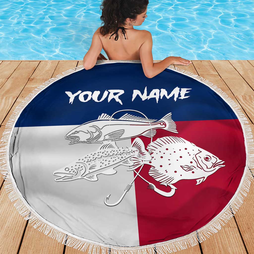 Custom Texas Fishing Beach Blanket Hooked Fish Graphic - Red White and Blue Theme - Wonder Print Shop