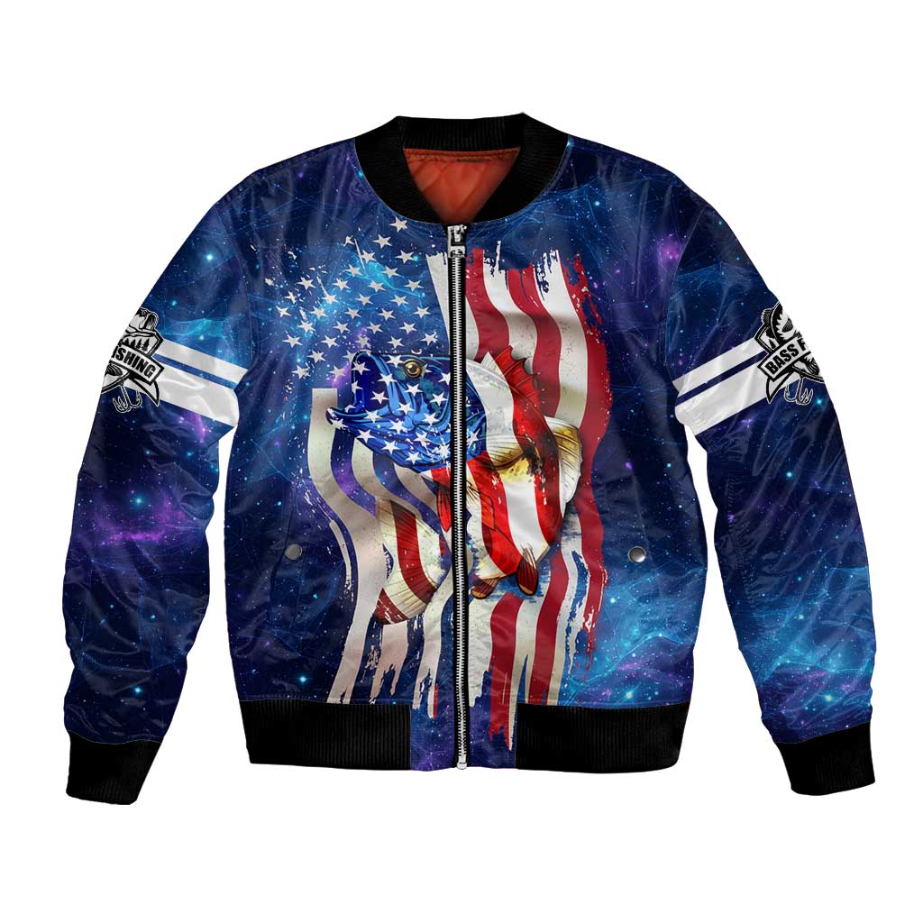 Unisex blue galaxy bomber jacket with American flag graphic and front zipper