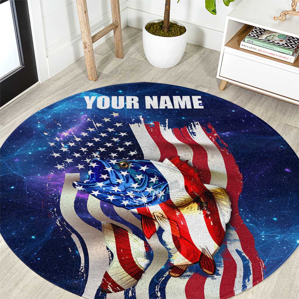 Round patriotic galaxy carpet with bass fish graphic and American flag stars and stripes