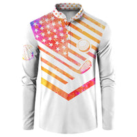 White button-front sweatshirt with watercolor US flag chevron, orange stripes, stars, ball