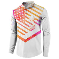 White button-front sweatshirt with watercolor chevron US flag pattern, stars, orange stripes, ball