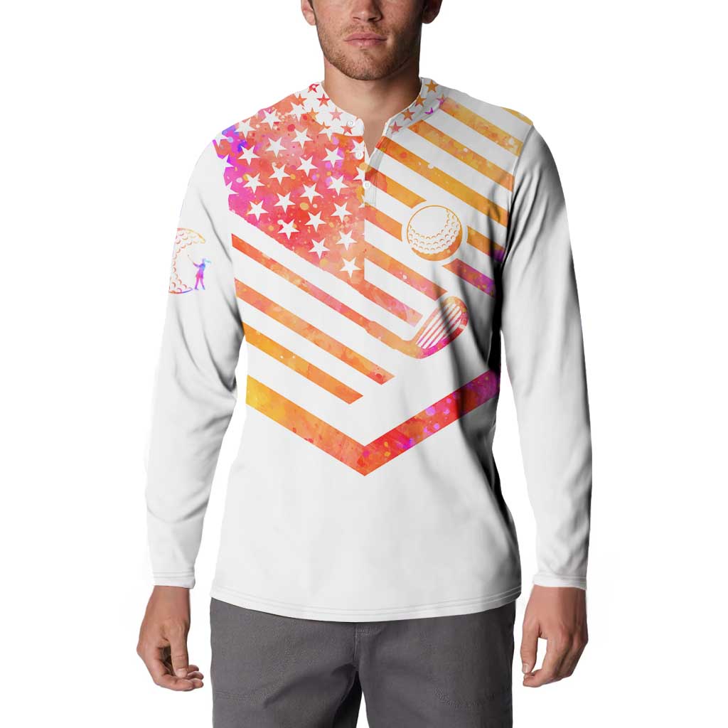 White long-sleeve button sweatshirt with watercolor US flag chevron, stars and orange striped detail