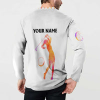 White back sweatshirt with 'YOUR NAME', golfer silhouette in watercolor and baseball graphic