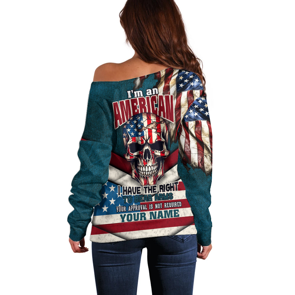 American Flag Skull Off Shoulder Sweater I'm an American I Have The Right To Bear Arms Your Approval Is Not Required - Wonder Print Shop