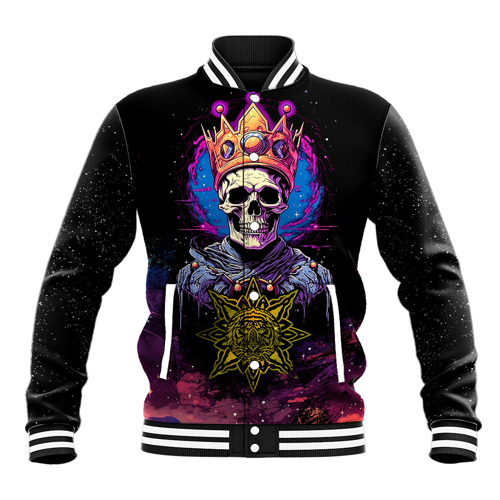 Black baseball jacket with crowned skull front graphic and colorful neon accents