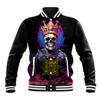 Black baseball jacket with crowned skull front graphic and colorful neon accents