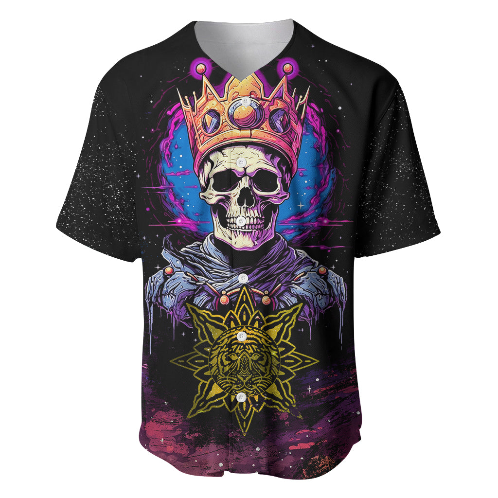 Black baseball jersey with colorful crowned skull graphic on front