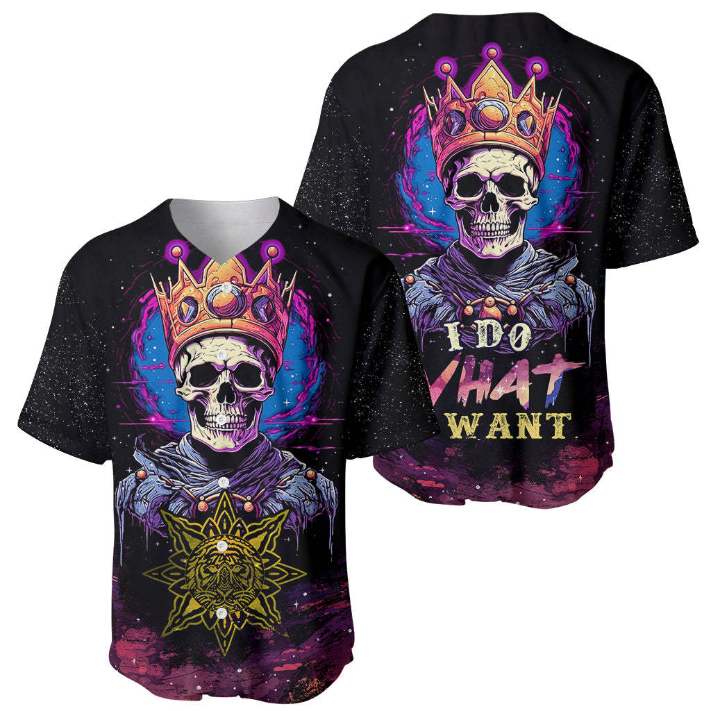 Baseball jersey showing front and back: crowned skull and 'I DO WHAT I WANT' text
