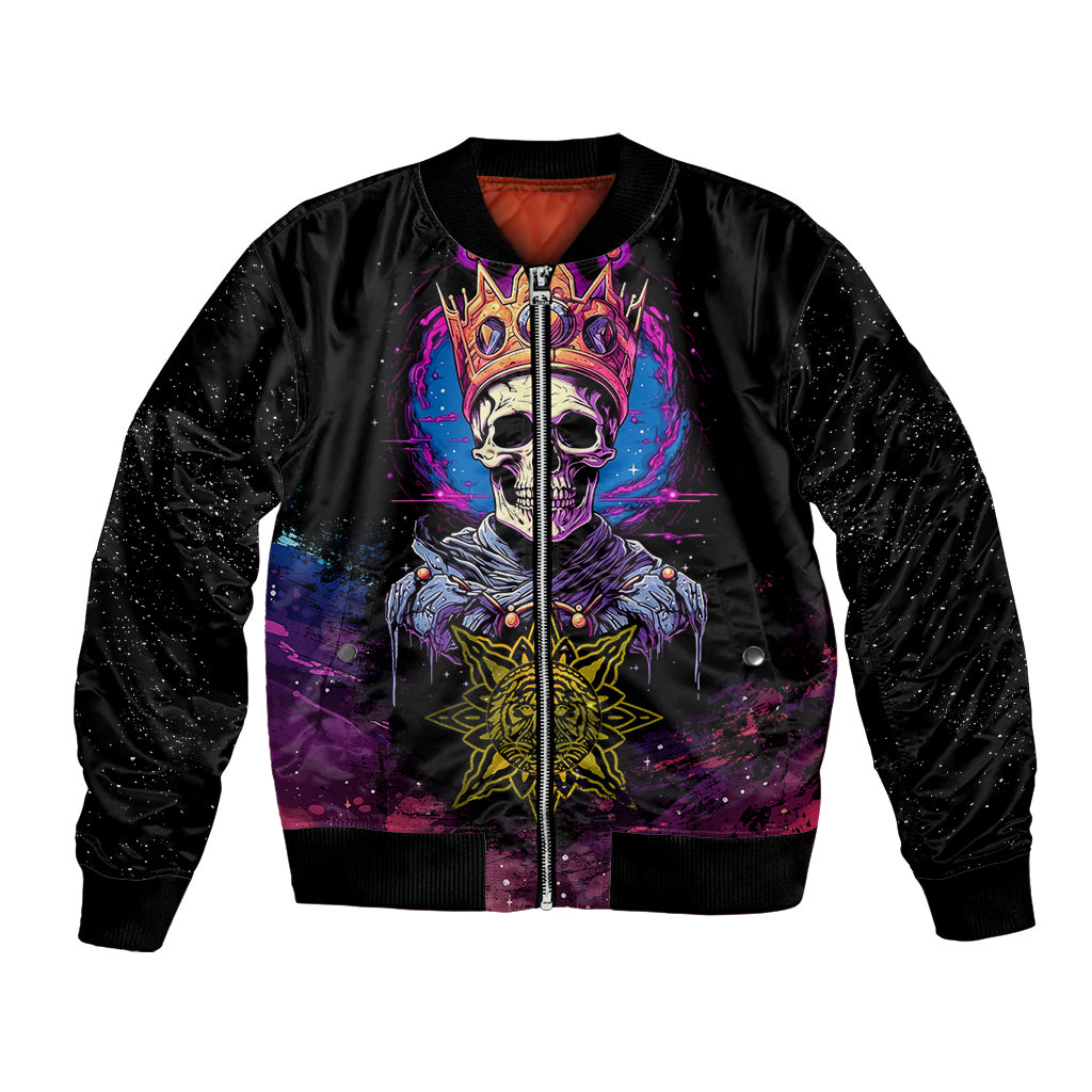 Black bomber jacket with king skull artwork, full zipper front, ribbed cuffs