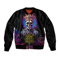 Black bomber jacket with king skull artwork, full zipper front, ribbed cuffs
