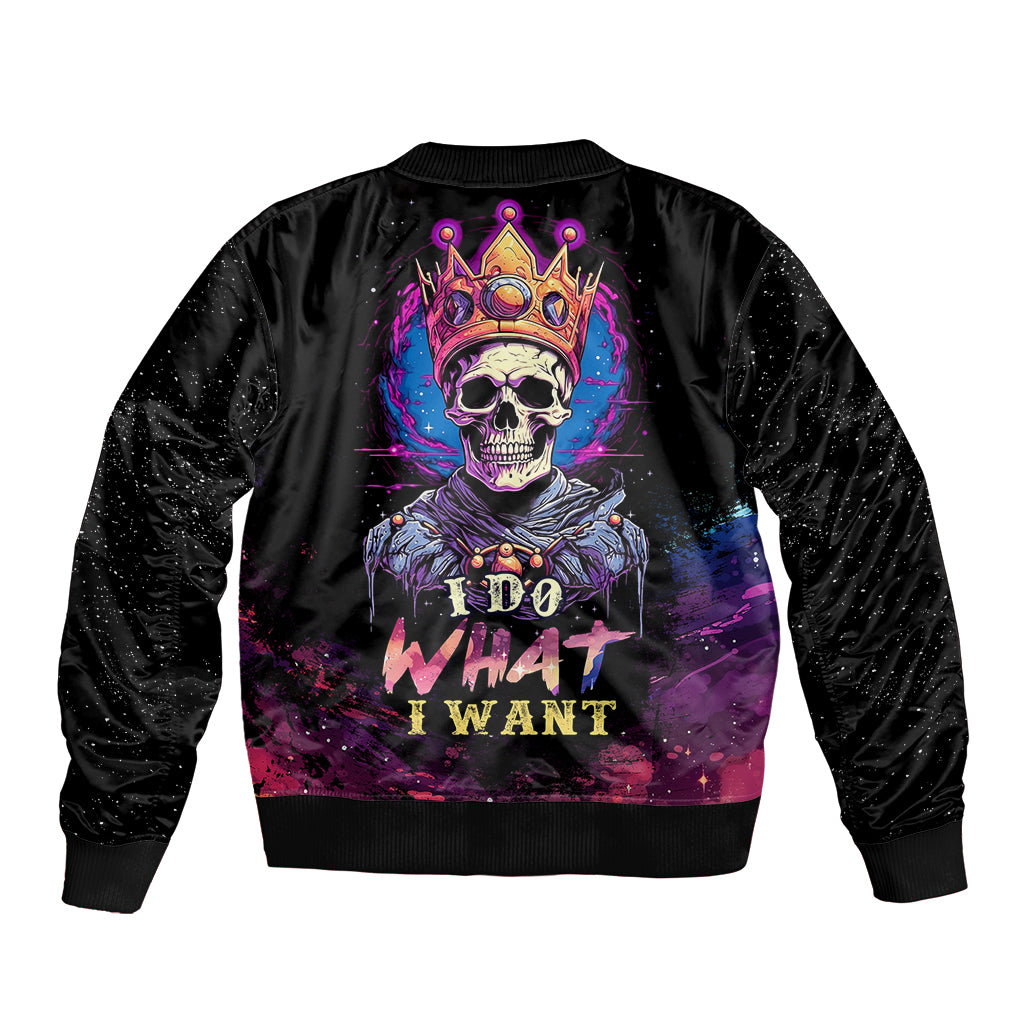 Black bomber jacket with king skull graphic and 'I do what I want' text