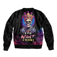 Black bomber jacket with king skull graphic and 'I do what I want' text