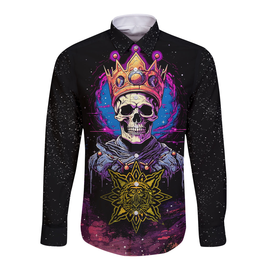 Black long-sleeve button shirt with crown skull graphic and glowing purple/blue details