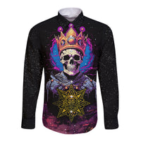 Black long-sleeve button shirt with crown skull graphic and glowing purple/blue details