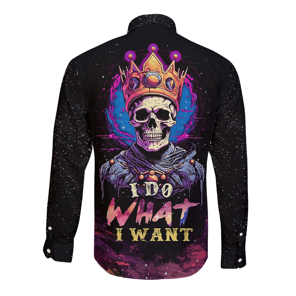 Black long-sleeve button shirt with skull-crown graphic and 'I do what I want' text