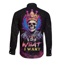 Black long-sleeve button shirt with skull-crown graphic and 'I do what I want' text