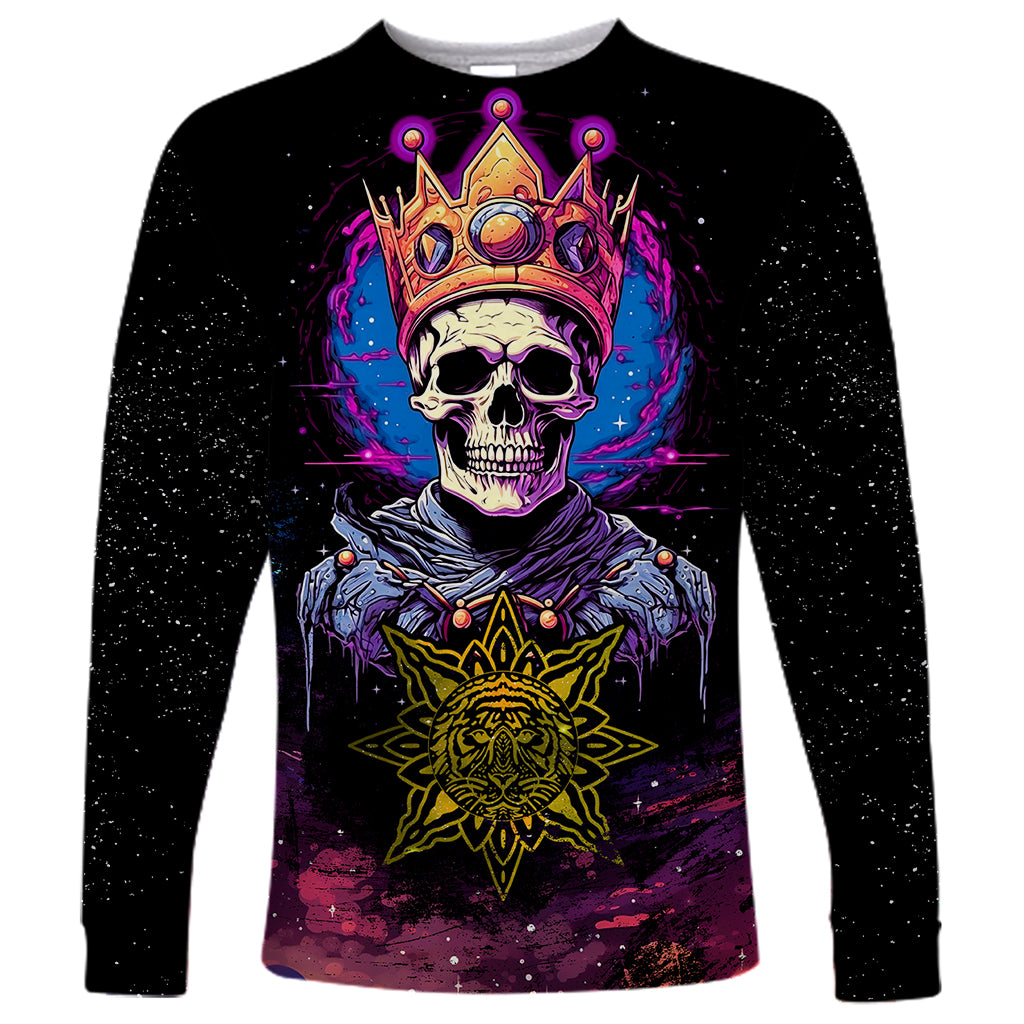 Unisex long sleeve shirt, black with crowned skull graphic and yellow sun emblem