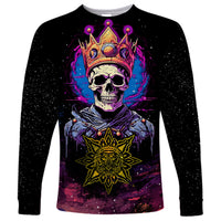 Unisex long sleeve shirt, black with crowned skull graphic and yellow sun emblem