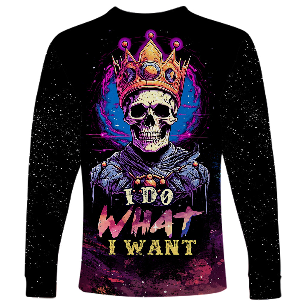 Unisex long sleeve shirt, black with crowned skull graphic and 'I DO WHAT I WANT'