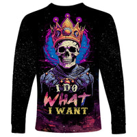 Unisex long sleeve shirt, black with crowned skull graphic and 'I DO WHAT I WANT'