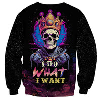 Unisex black sweatshirt with multicolor skull king crown graphic and 'I DO WHAT I WANT' text