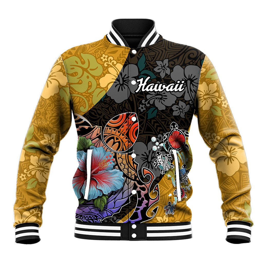 Multicolor Hawaiian baseball jacket with hibiscus and turtle graphic, ribbed striped collar