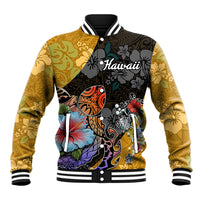 Multicolor Hawaiian baseball jacket with hibiscus and turtle graphic, ribbed striped collar