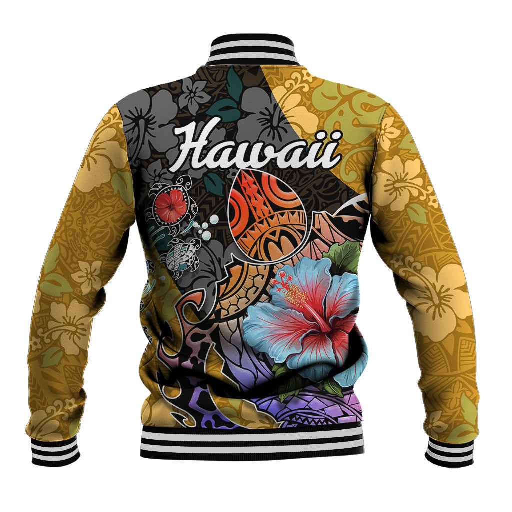 Multicolor Hawaiian baseball jacket back with Hawaii text, hibiscus and turtle artwork