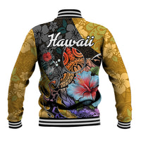 Multicolor Hawaiian baseball jacket back with Hawaii text, hibiscus and turtle artwork