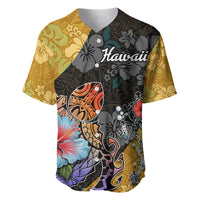 Hawaiian baseball jersey with tropical hibiscus and tiki mask print, Hawaii logo