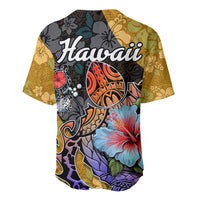 Hawaiian baseball jersey, black and gold tropical print with Hawaii text and hibiscus