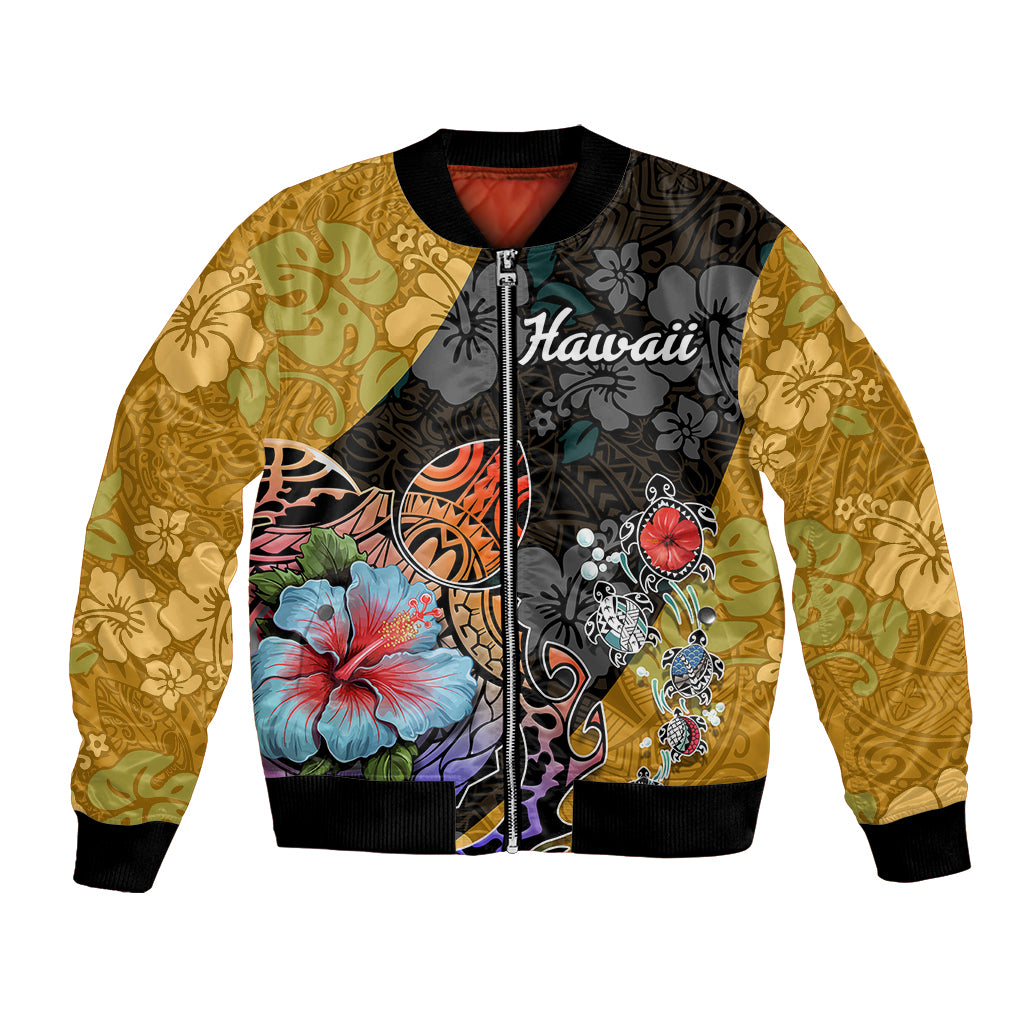Multicolor bomber jacket with hibiscus and turtle floral gradient, full zip, ribbed cuffs