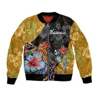 Multicolor bomber jacket with hibiscus and turtle floral gradient, full zip, ribbed cuffs