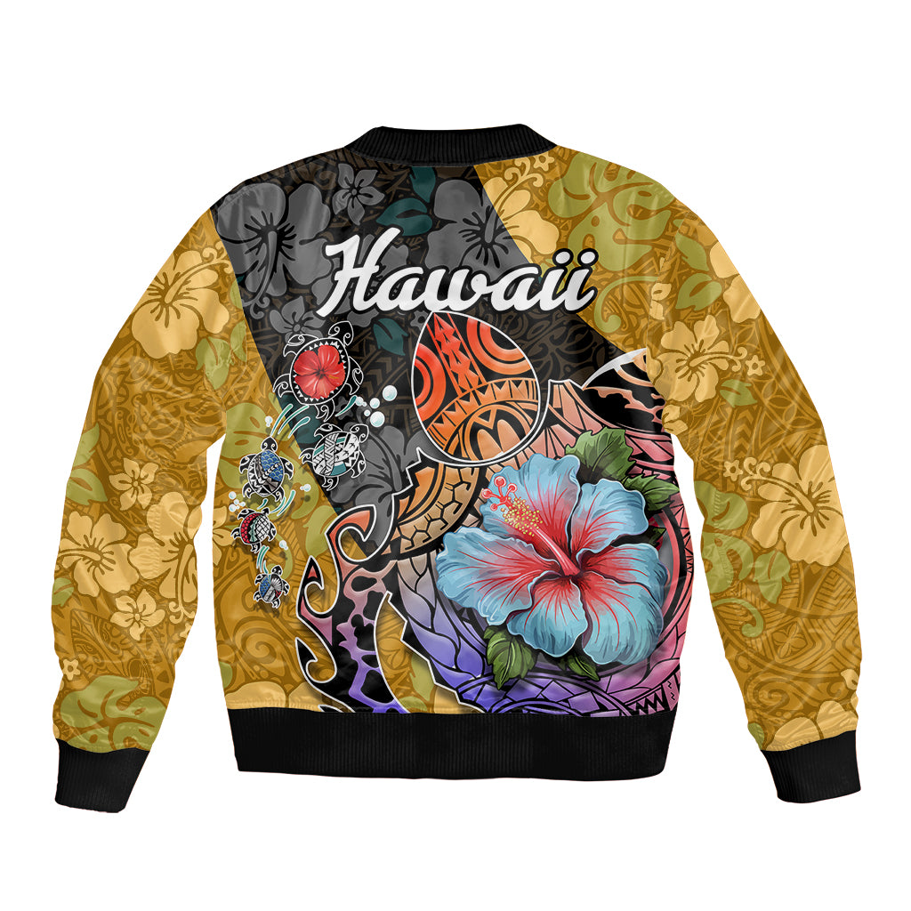 Multicolor bomber jacket with turtle and hibiscus floral gradient, ribbed cuffs and collar