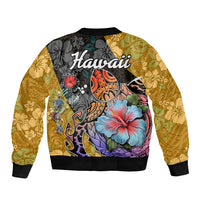 Multicolor bomber jacket with turtle and hibiscus floral gradient, ribbed cuffs and collar