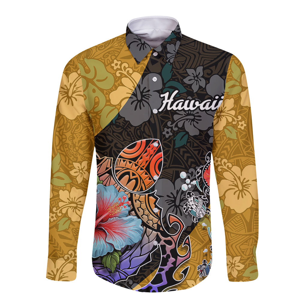 Multicolor long-sleeve button shirt with turtle and hibiscus gradient print