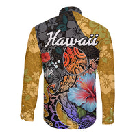 Multicolor long-sleeve button shirt, back print with turtle and hibiscus gradient