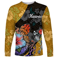 Multicolor long sleeve shirt with turtle and hibiscus, 'Hawaii' text on black