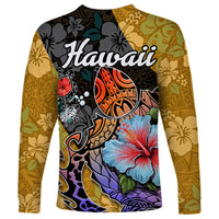 Multicolor long sleeve shirt with turtle and large hibiscus, 'Hawaii' on black