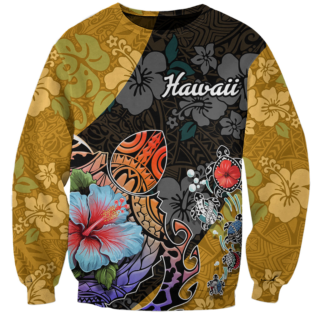Unisex crewneck sweatshirt with Hawaii text, tropical turtle and hibiscus gradient print
