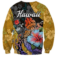 Unisex crewneck sweatshirt with Hawaii text, orange turtle and large hibiscus floral graphic