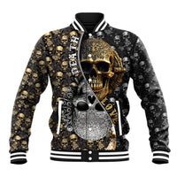 Black varsity baseball jacket with multicolor skull graphic, striped rib collar and cuffs.