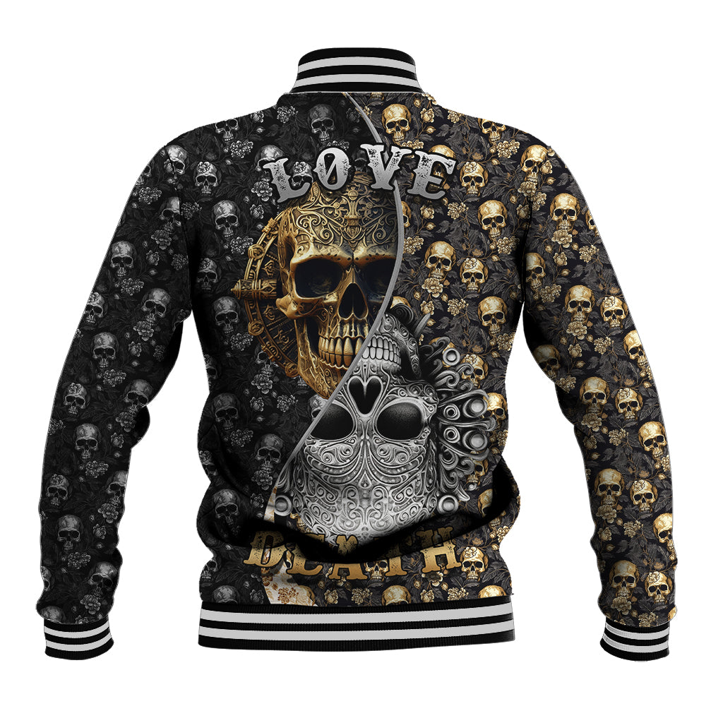 Black baseball jacket with skull back print and 'LOVE' text, striped rib collar and hem.